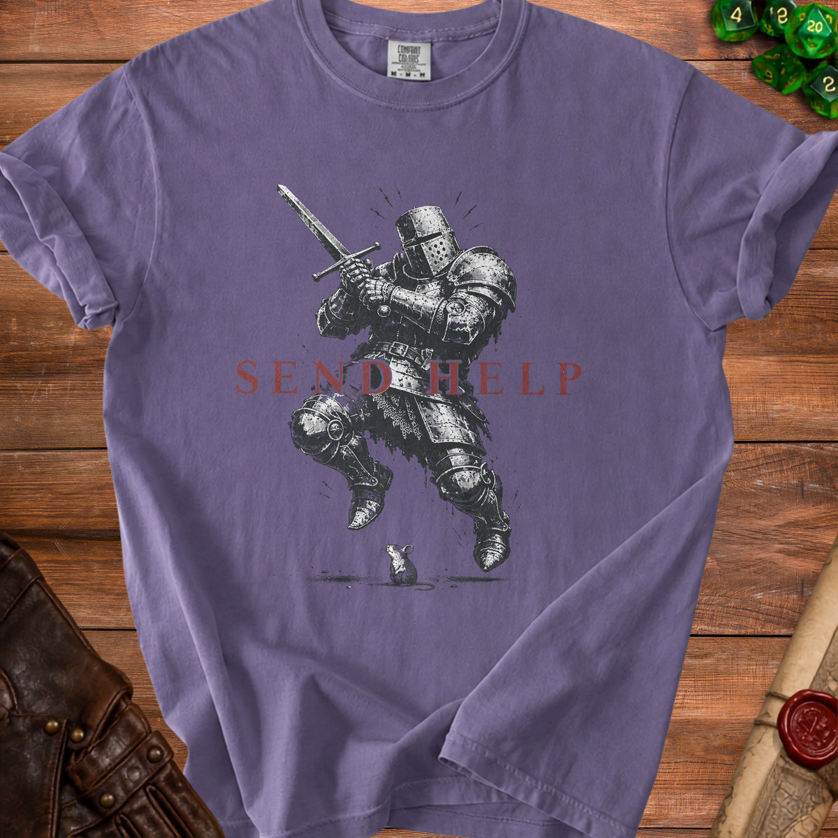 Purple t-shirt with knight fighting a mouse and "SEND HELP" text.