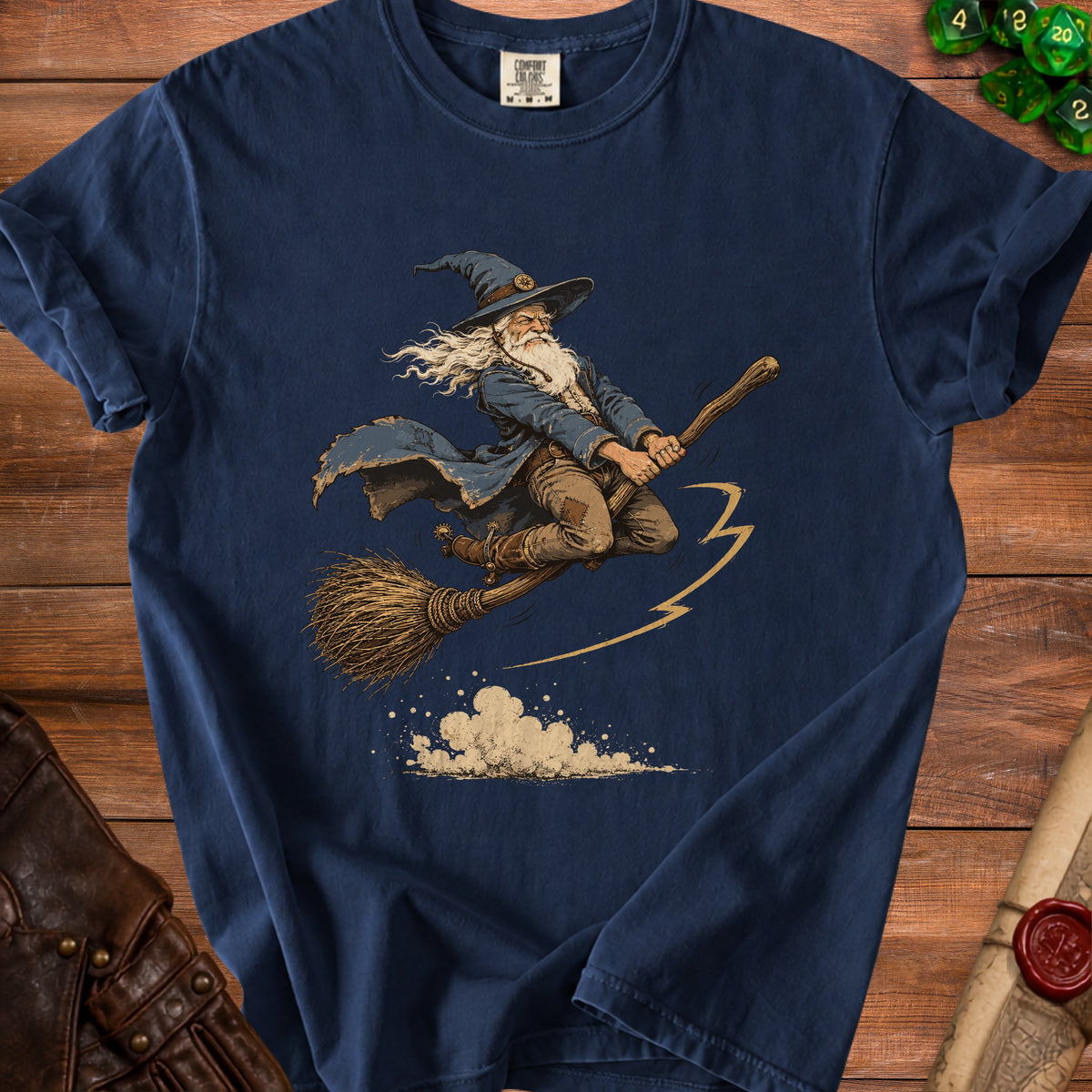 Wizard with long white beard flying on a broomstick, with lightning and clouds.