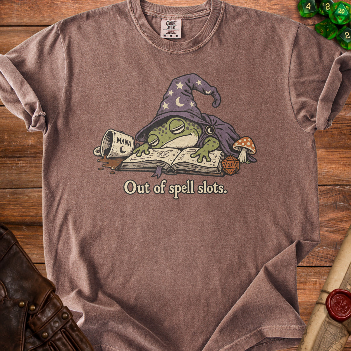 Brown t-shirt with a frog wizard and the text "Out of spell slots."