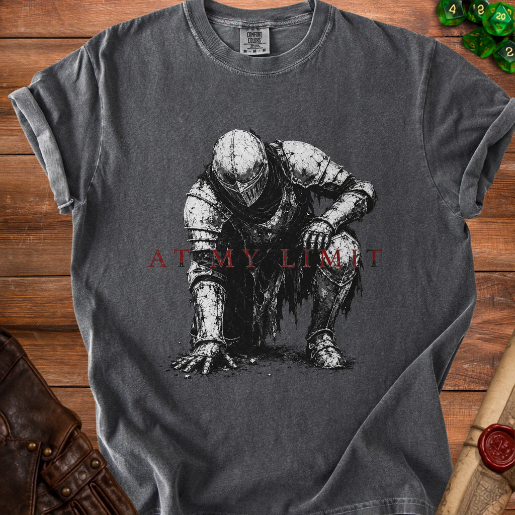 Charcoal t-shirt with a distressed knight illustration and text "AT MY LIMIT".