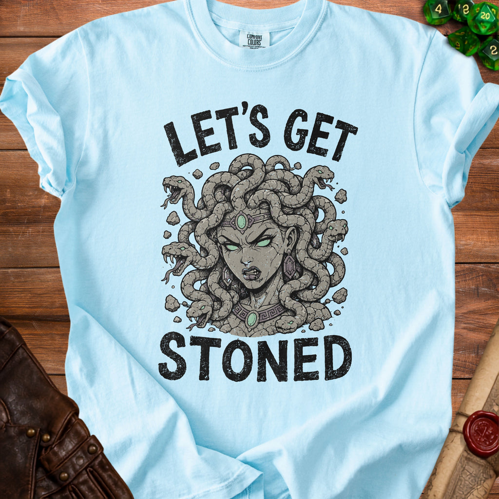 Light blue t-shirt with Medusa graphic and "Let's Get Stoned" text.