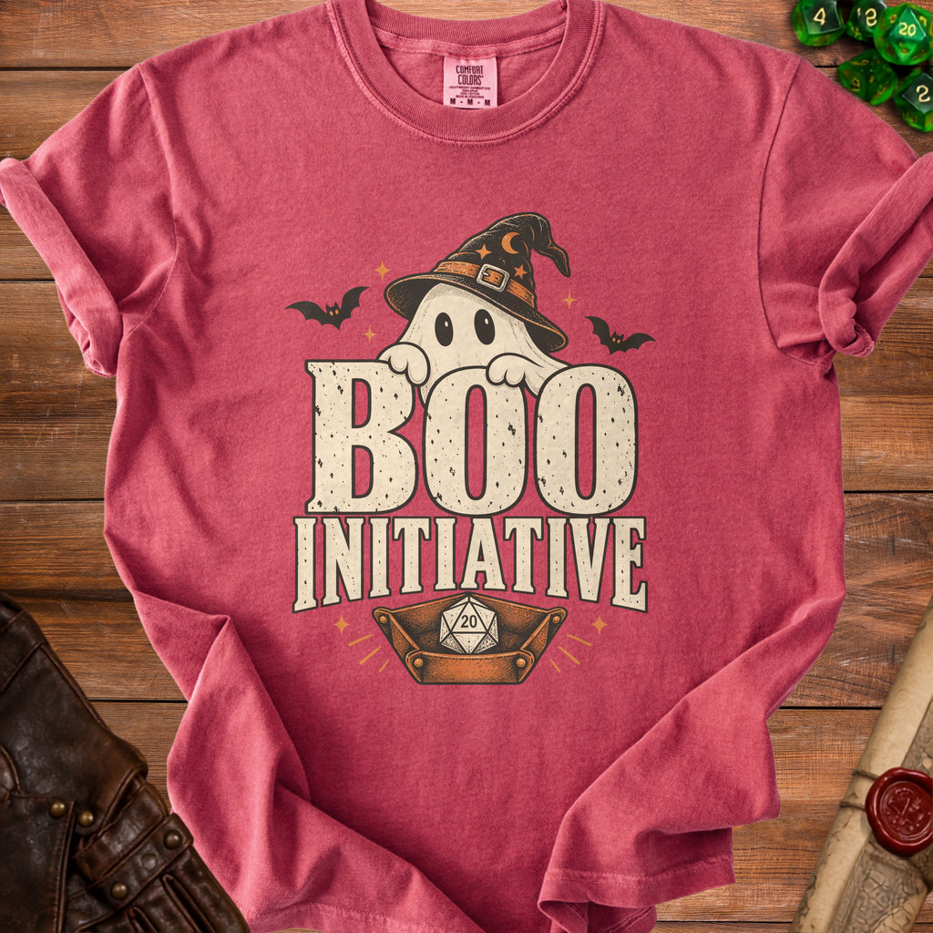 Red t-shirt with ghost wearing witch hat, text "BOO INITIATIVE", and D20 dice.
