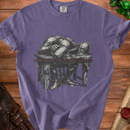 T-shirt graphic of knight slumped over table with mug and text "Mentally I'm at the tavern".