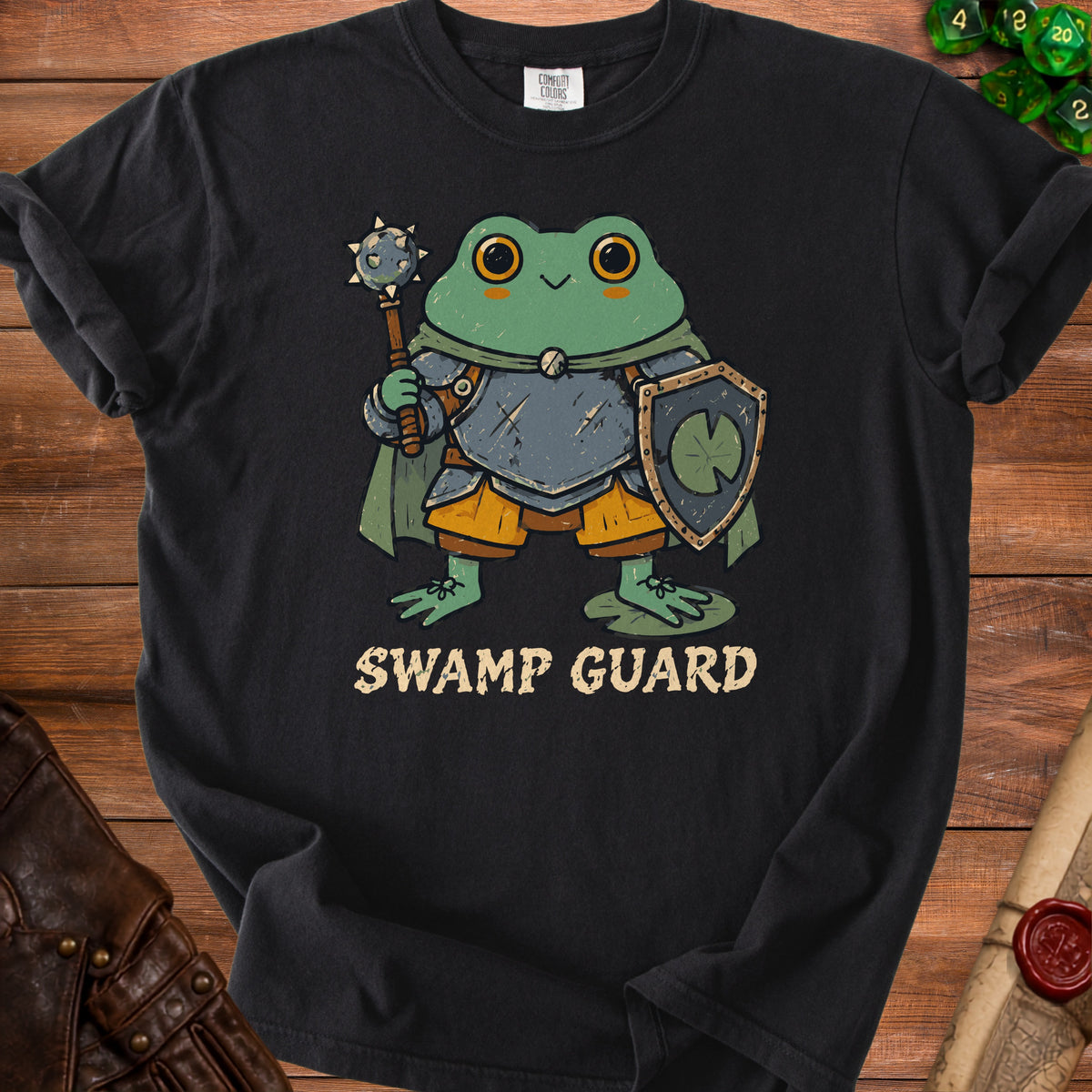 A cartoon frog in armor holds a mace and shield with "SWAMP GUARD" text.