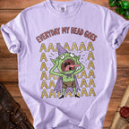 Lavender t-shirt with distressed goblin graphic and "EVERYDAY MY HEAD GOES AAA" text.