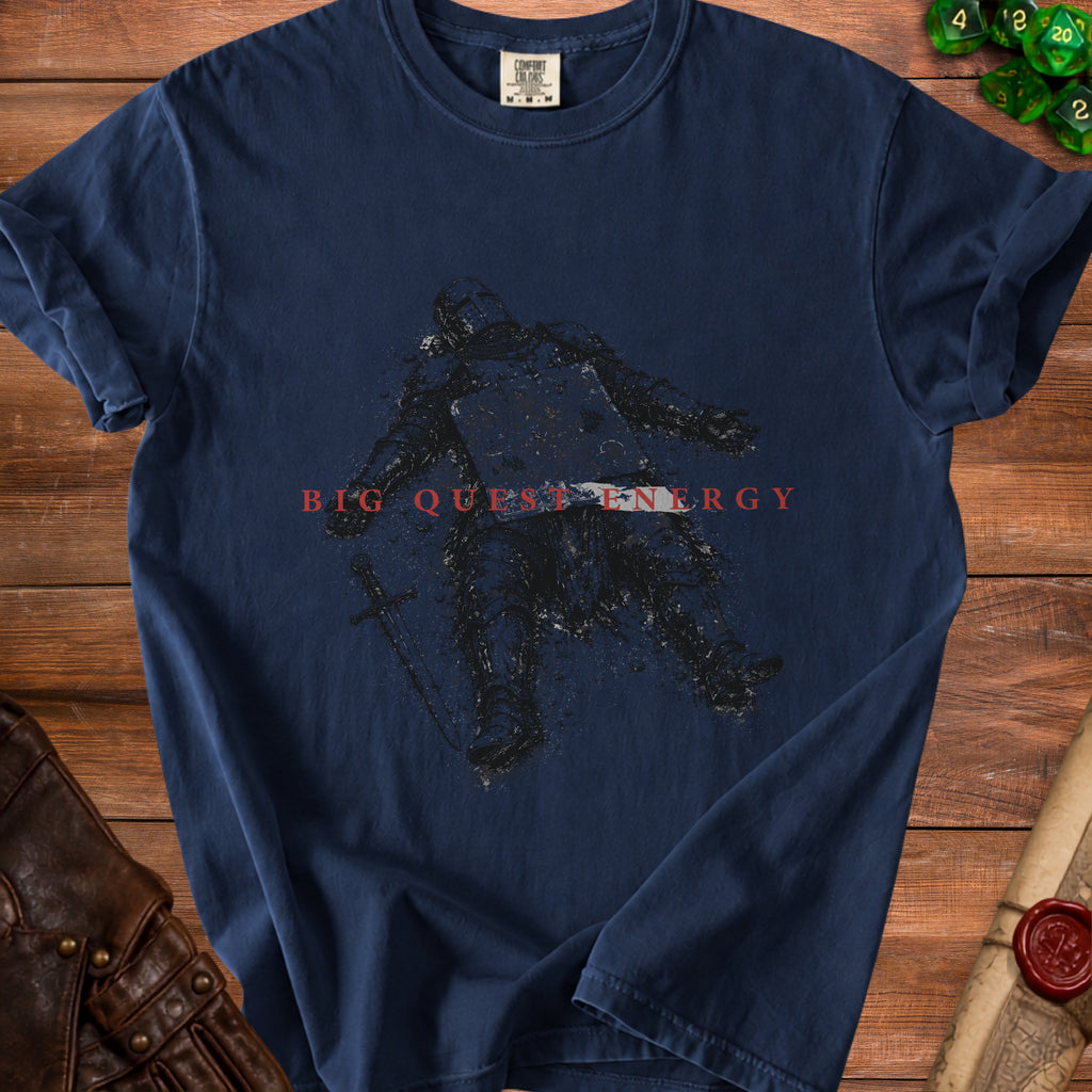 Dark blue t-shirt with distressed knight graphic and red text "BIG QUEST ENERGY".
