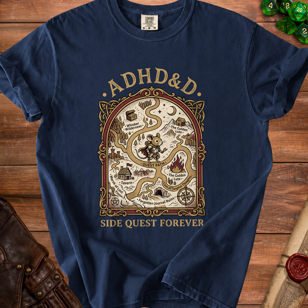 Navy t-shirt with "ADHD&D" and "SIDE QUEST FOREVER" text and map design.
