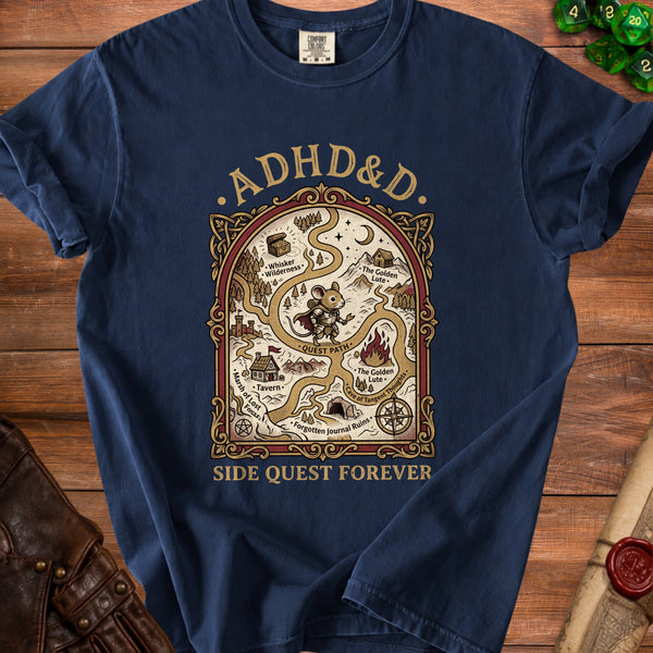 ADHD&D Quest Tangent Thoughts T-Shirt in True Navy