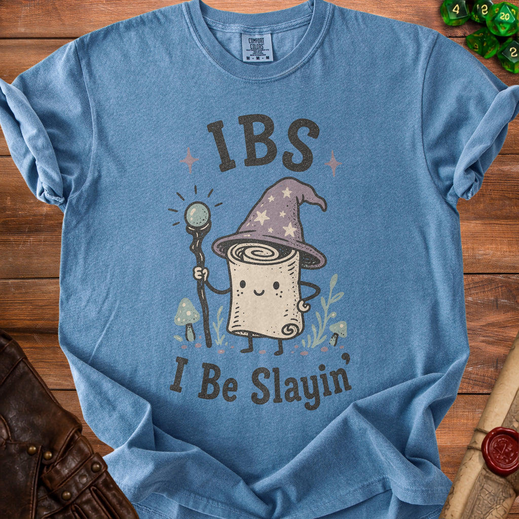Blue t-shirt with "IBS I Be Slayin" text and wizard scroll graphic.