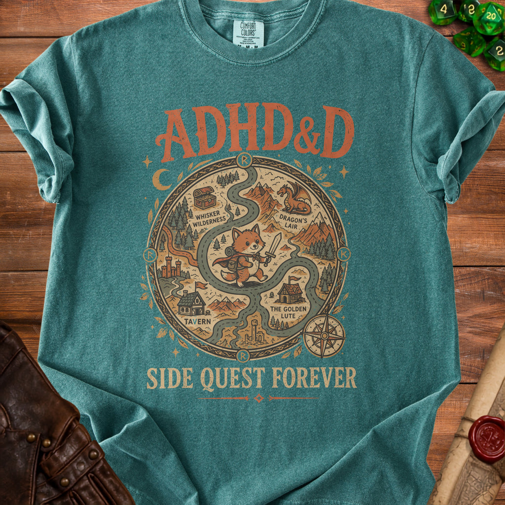Teal t-shirt with "ADHD&D" and a circular map graphic titled "SIDE QUEST FOREVER".