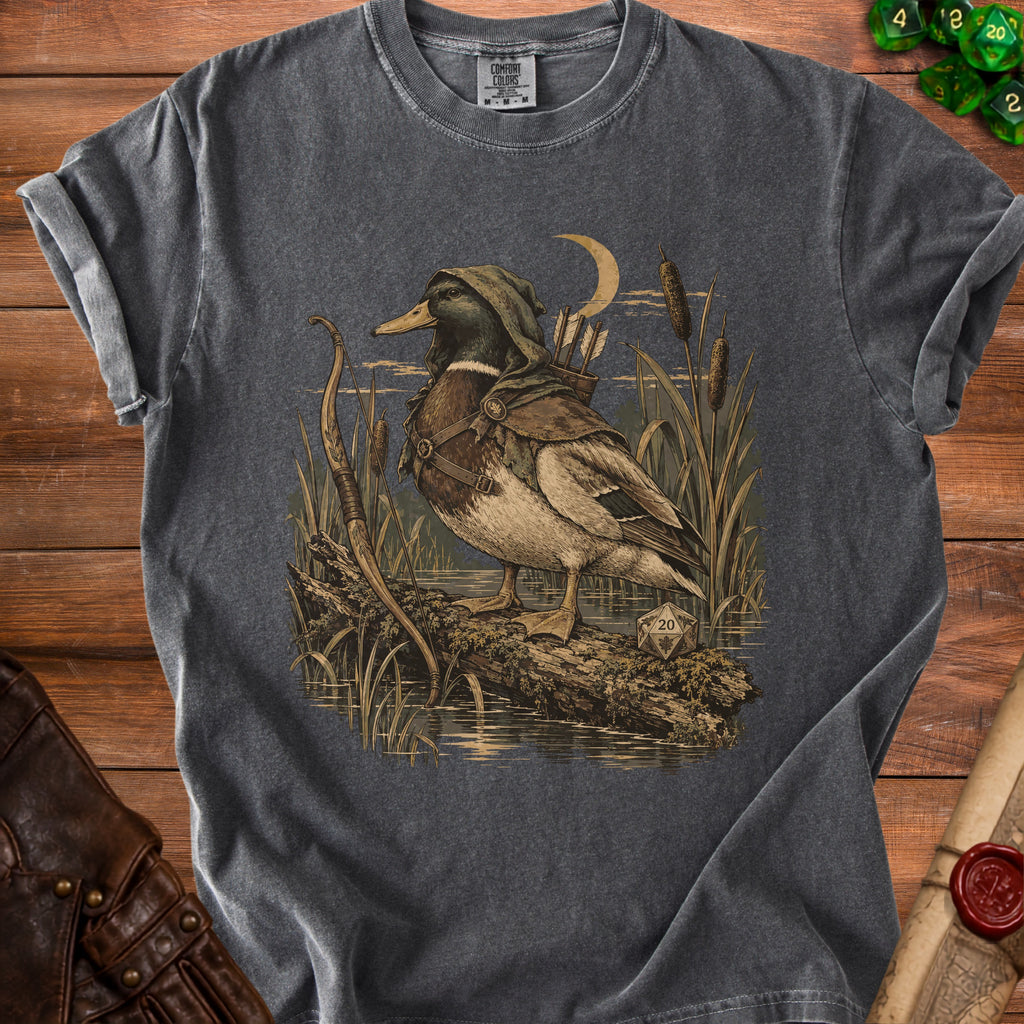 Mallard duck in a hooded cloak with a quiver of arrows, on a log in water.