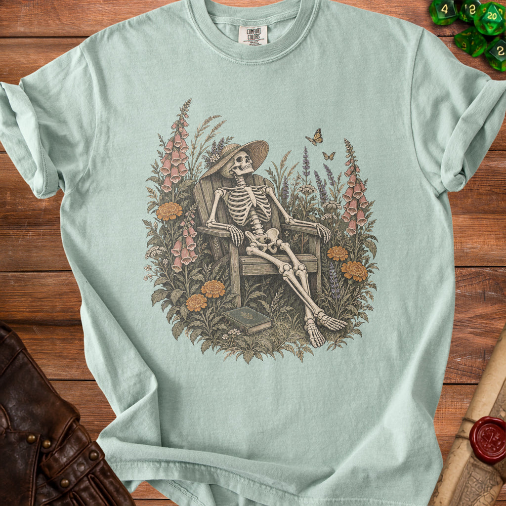 Skeleton relaxing in a straw hat surrounded by flowers and butterflies.