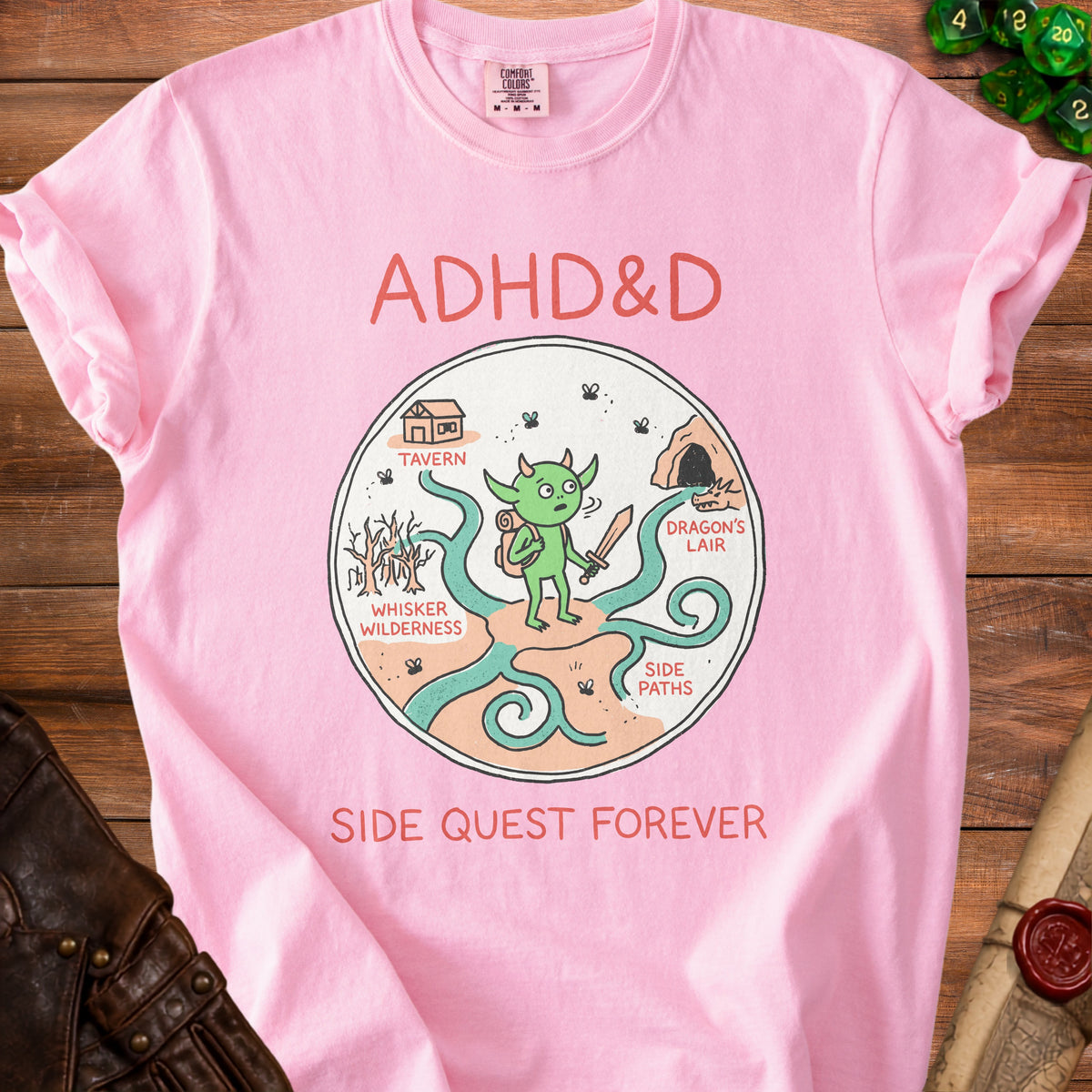 Pink t-shirt with "ADHD&D" and a "Side Quest Forever" graphic.