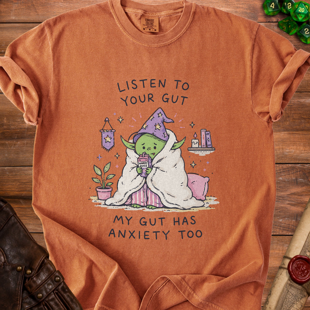 Orange t-shirt with cartoon Yoda drinking "Worry Juice" with text "Listen to Your Gut".