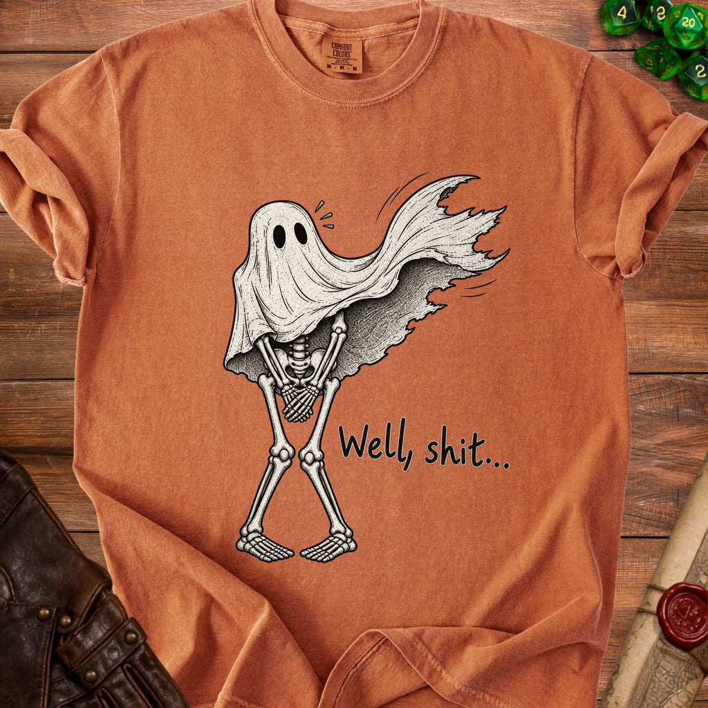 T-shirt with a skeleton ghost design and "Well, shit..." text.