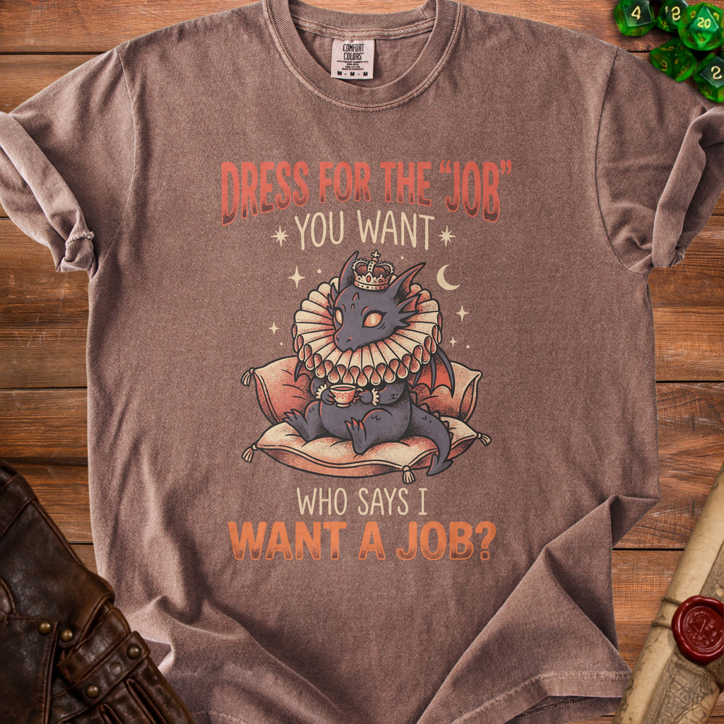 T-shirt with dragon graphic and text: "DRESS FOR THE JOB" "YOU WANT" "WHO SAYS I WANT A JOB?"