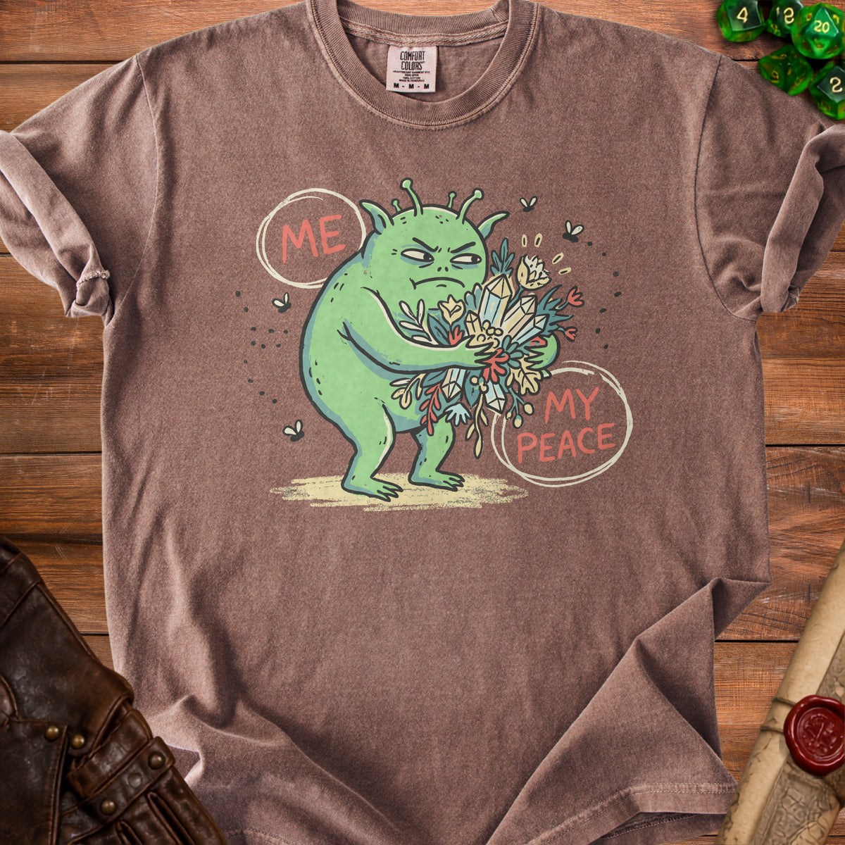 Green alien holding a bouquet of crystals and flowers, text says "ME MY PEACE".