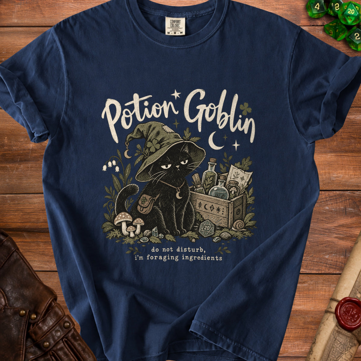 Black cat in witch hat with text "Potion Goblin" and "do not disturb, i'm foraging ingredients."
