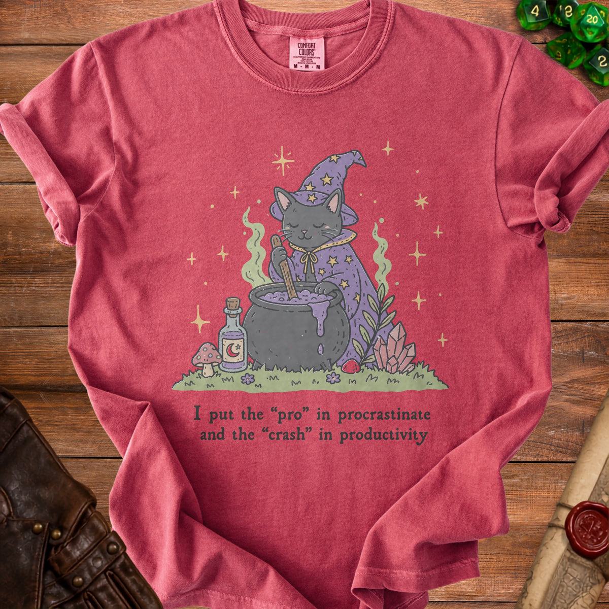 Gray cat wizard stirring potion with text "I put the 'pro' in procrastinate."