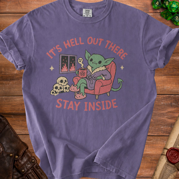 Stay Inside World Burns Outside T-Shirt in Grape