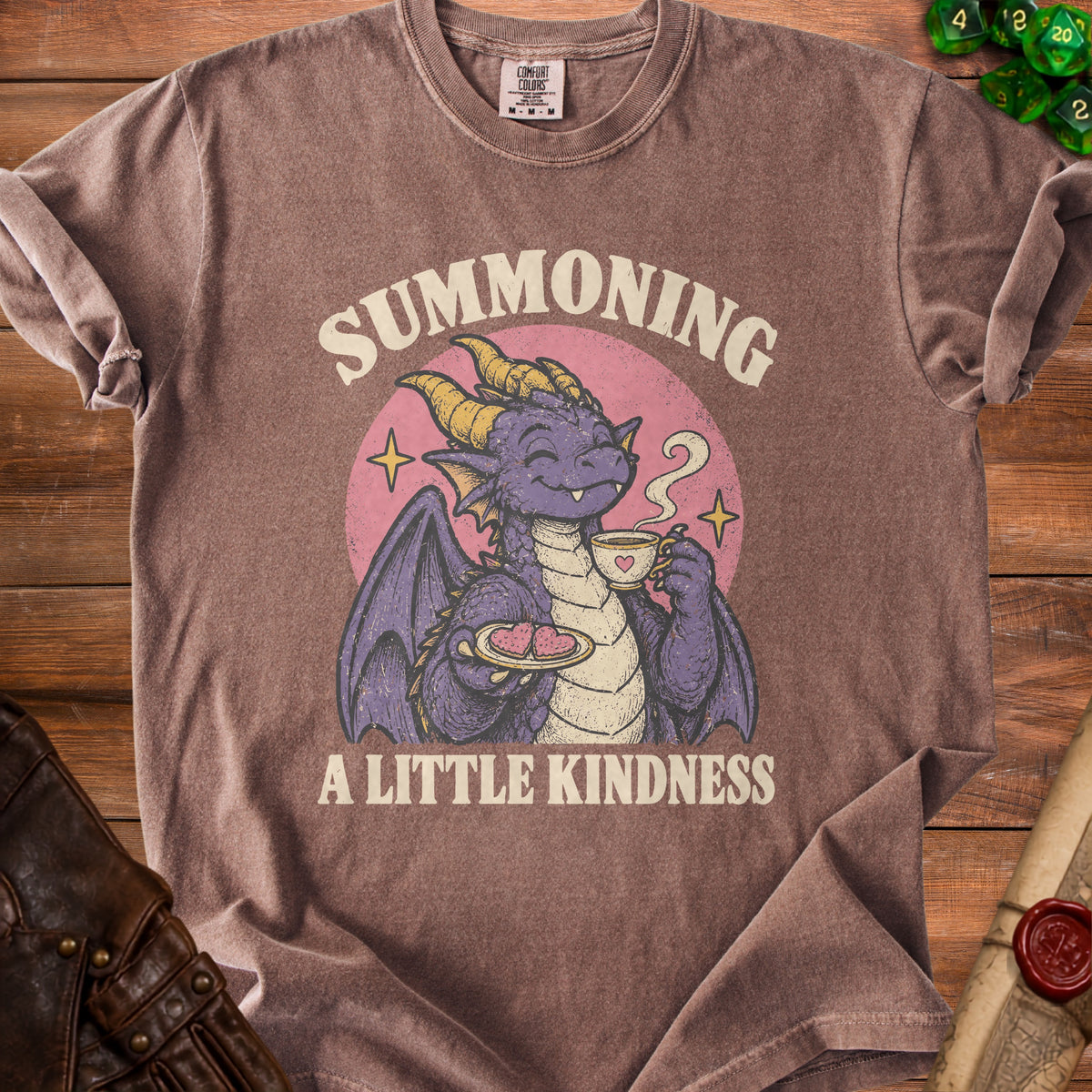 Purple dragon holding tea and cookies with text "Summoning a Little Kindness".