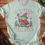 Light blue t-shirt with wizard frog graphic and text "Off to Commit Shenanigans".