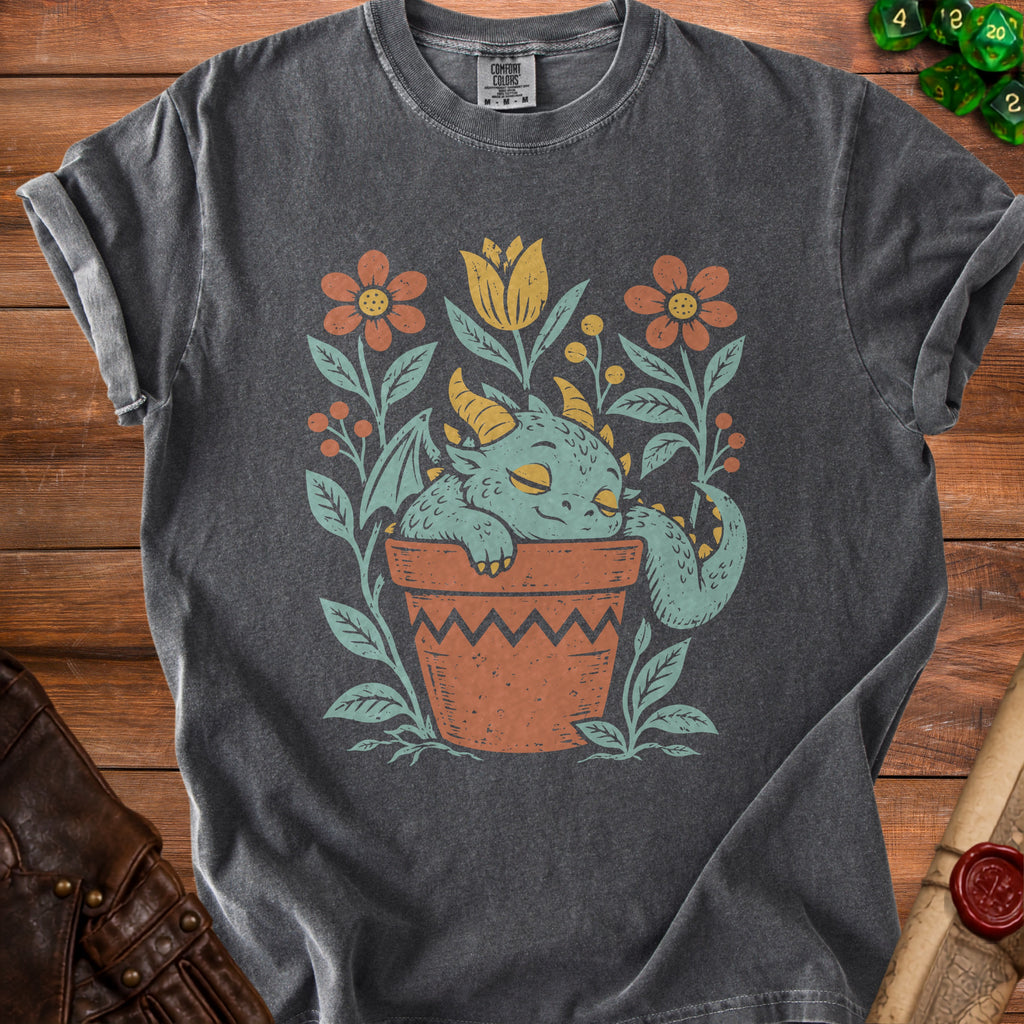 Dark gray t-shirt with a cute sleeping dragon in a flower pot graphic.