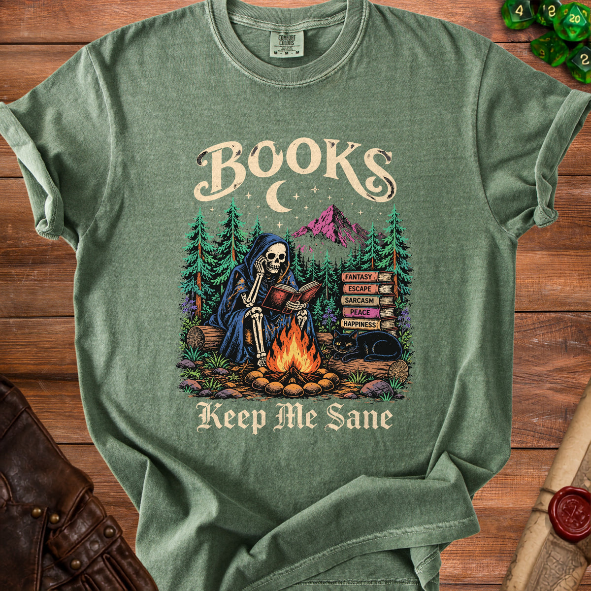 Grim Reaper skeleton reading by campfire, with cat and "BOOKS Keep Me Sane" text.
