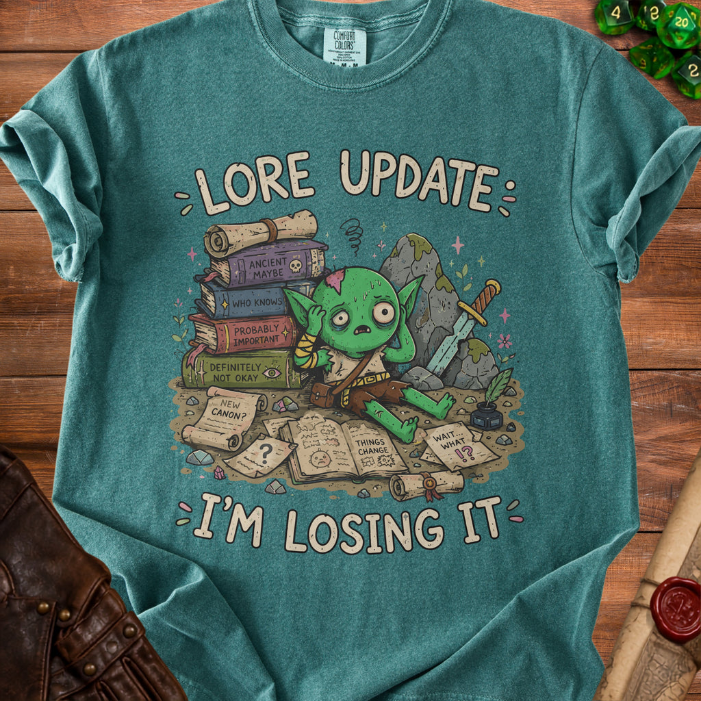 Green goblin overwhelmed by books and scrolls with text "Lore Update: I'm Losing It".
