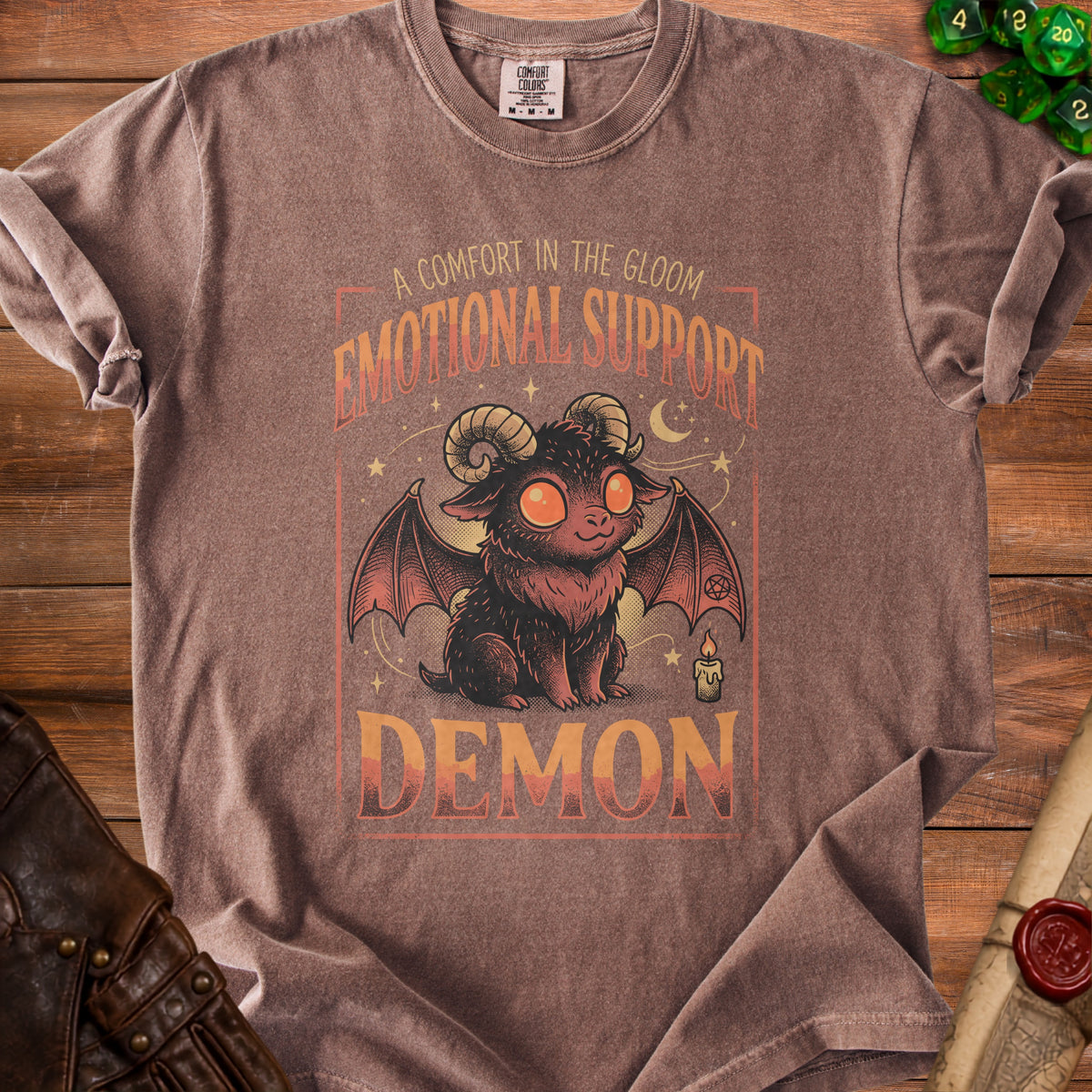 Brown t-shirt with "Emotional Support Demon" graphic featuring a cute horned creature.