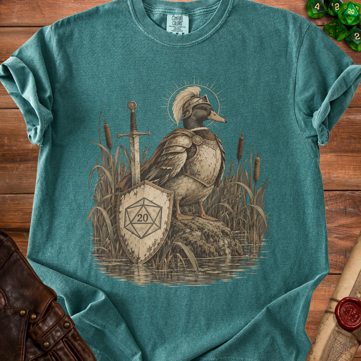 Armored duck with sword, shield displaying "20" and halo, in reeds.