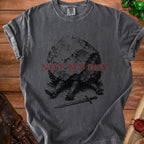 Dark grey t-shirt with "NOT MY DAY" text and knight legs crushed by a boulder.