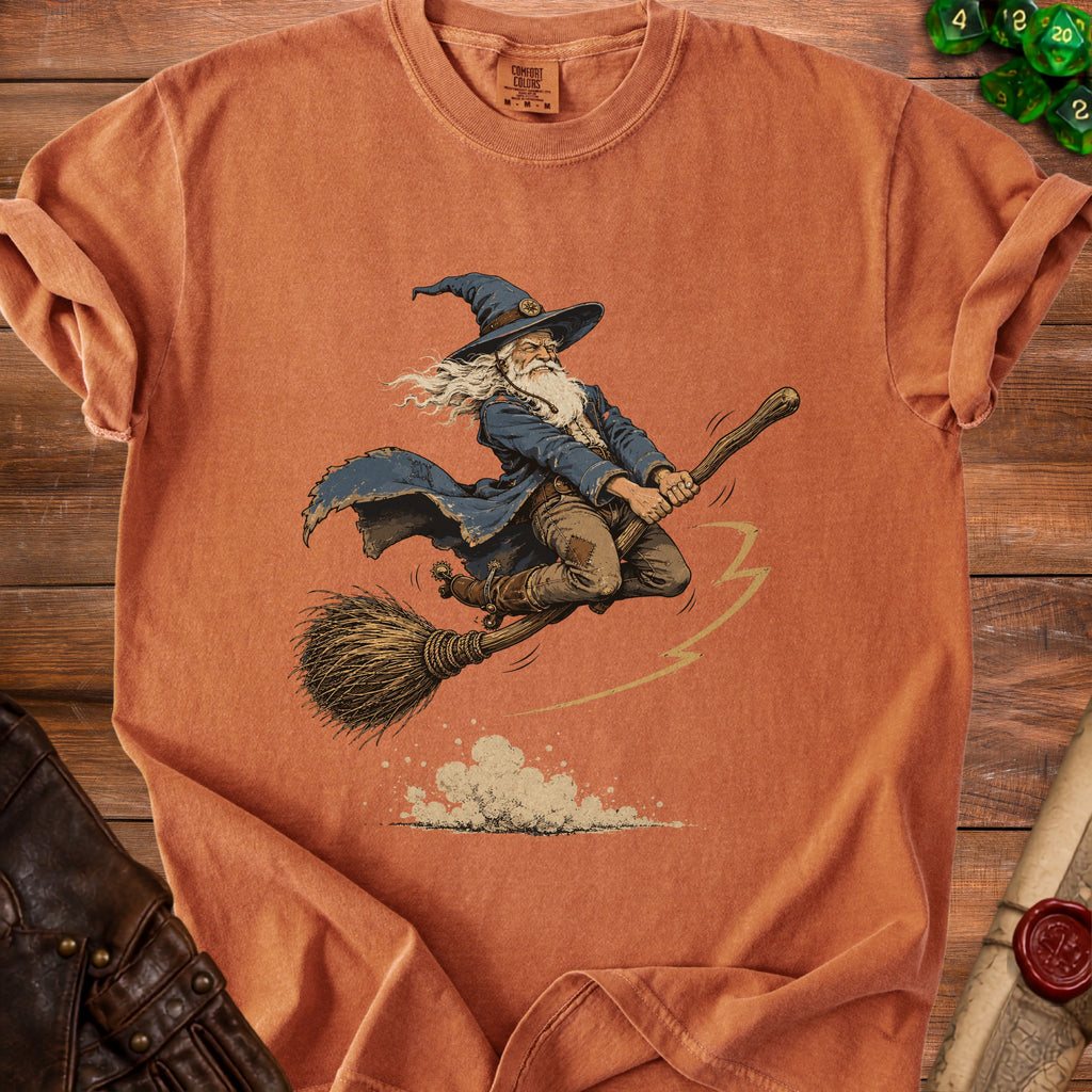 T-shirt with a wizard flying on a broomstick, printed design.