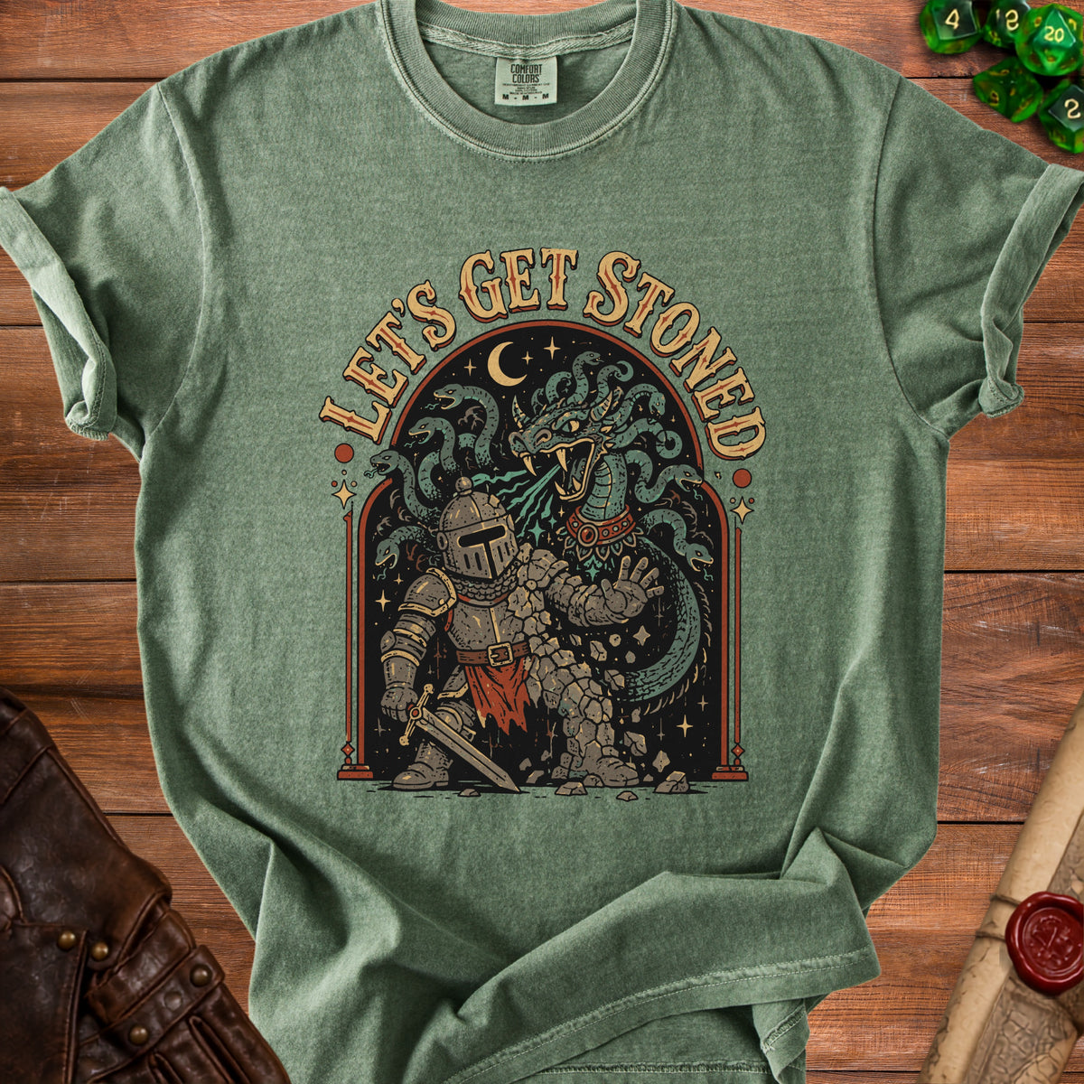 Green t-shirt with a knight fighting Medusa, text reads "Let's Get Stoned".