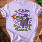 Lavender t-shirt with wizard firing a bazooka and text "I CAST NON-MAGIC MISSILE".