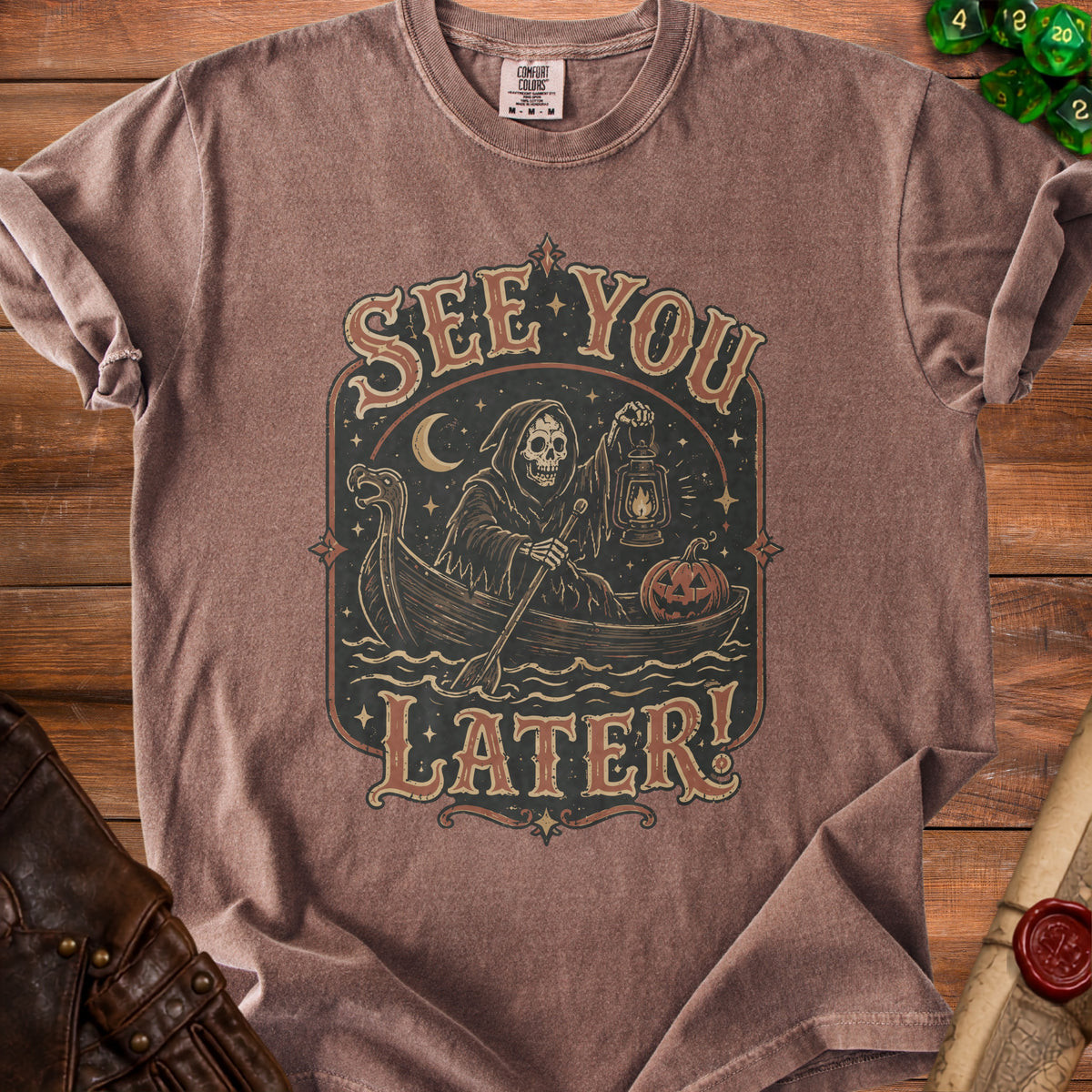 Brown t-shirt with "See You Later!" graphic featuring Grim Reaper in a boat.