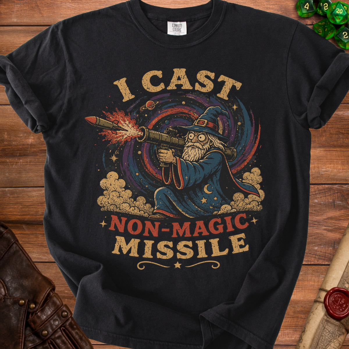 Wizard firing a missile launcher with text "I CAST NON-MAGIC MISSILE".