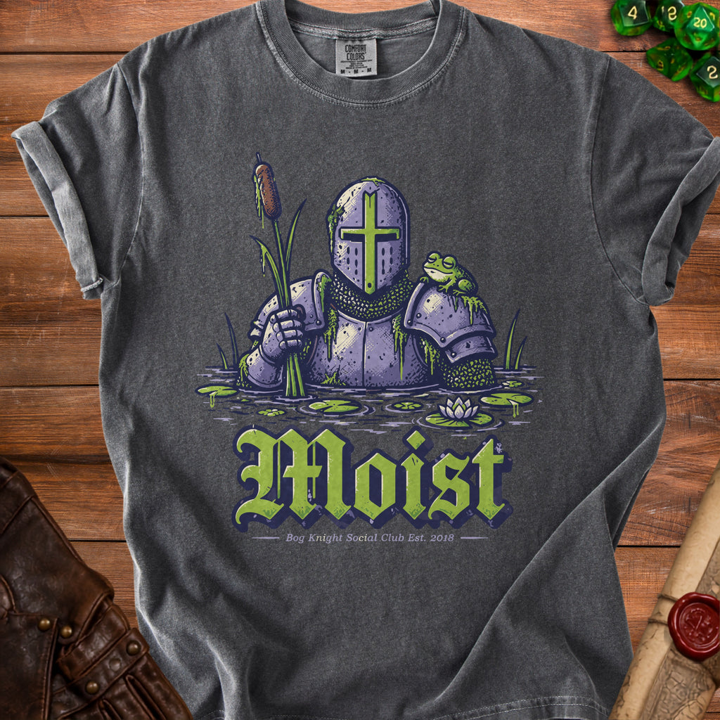 Knight with a frog on its shoulder, standing in water with lily pads and reeds. Text reads "Moist".