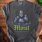Knight with a frog on its shoulder, standing in water with lily pads and reeds. Text reads "Moist".