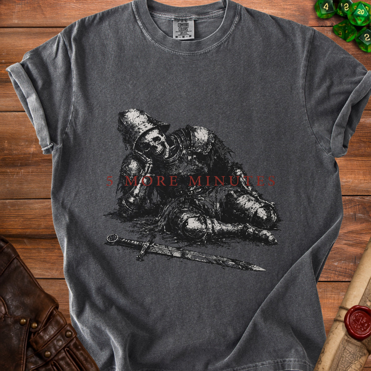 Dark gray t-shirt with a skeleton knight graphic and red text "5 MORE MINUTES".