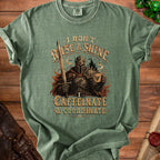 Green t-shirt with knight, sword, coffee, and text "I Don't Rise & Shine, I Caffeinate & Coordinate."