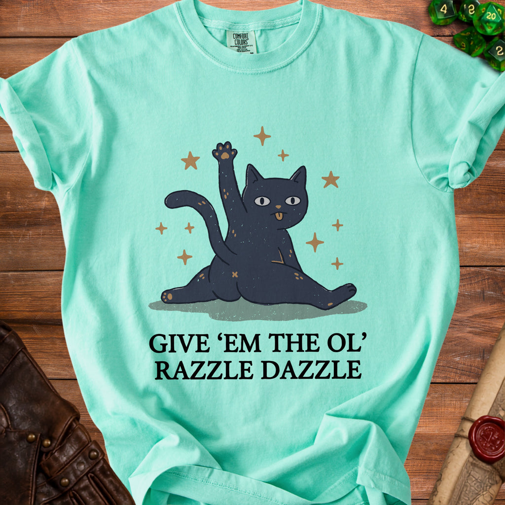 Teal t-shirt with a black cat giving a high-five and text "Give 'em the ol' razzle dazzle".