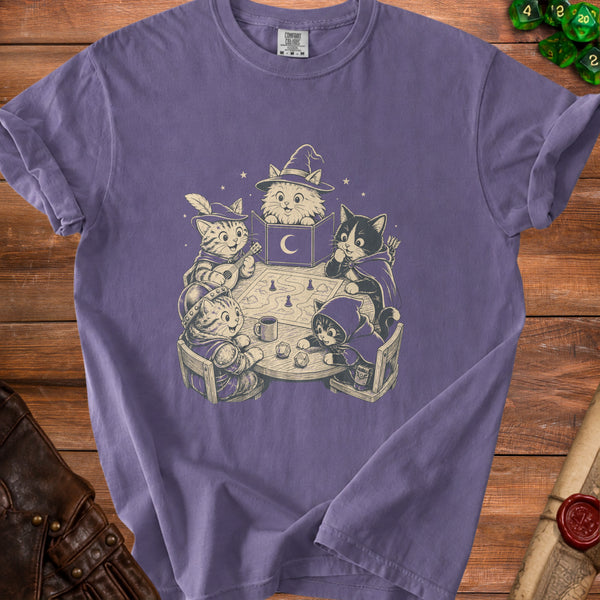 Dungeon Cats Game Night Party T-Shirt in Grape