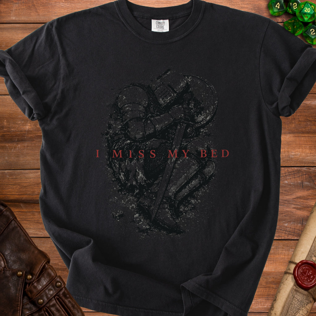 Black t-shirt with a distressed knight graphic and the text "I MISS MY BED".