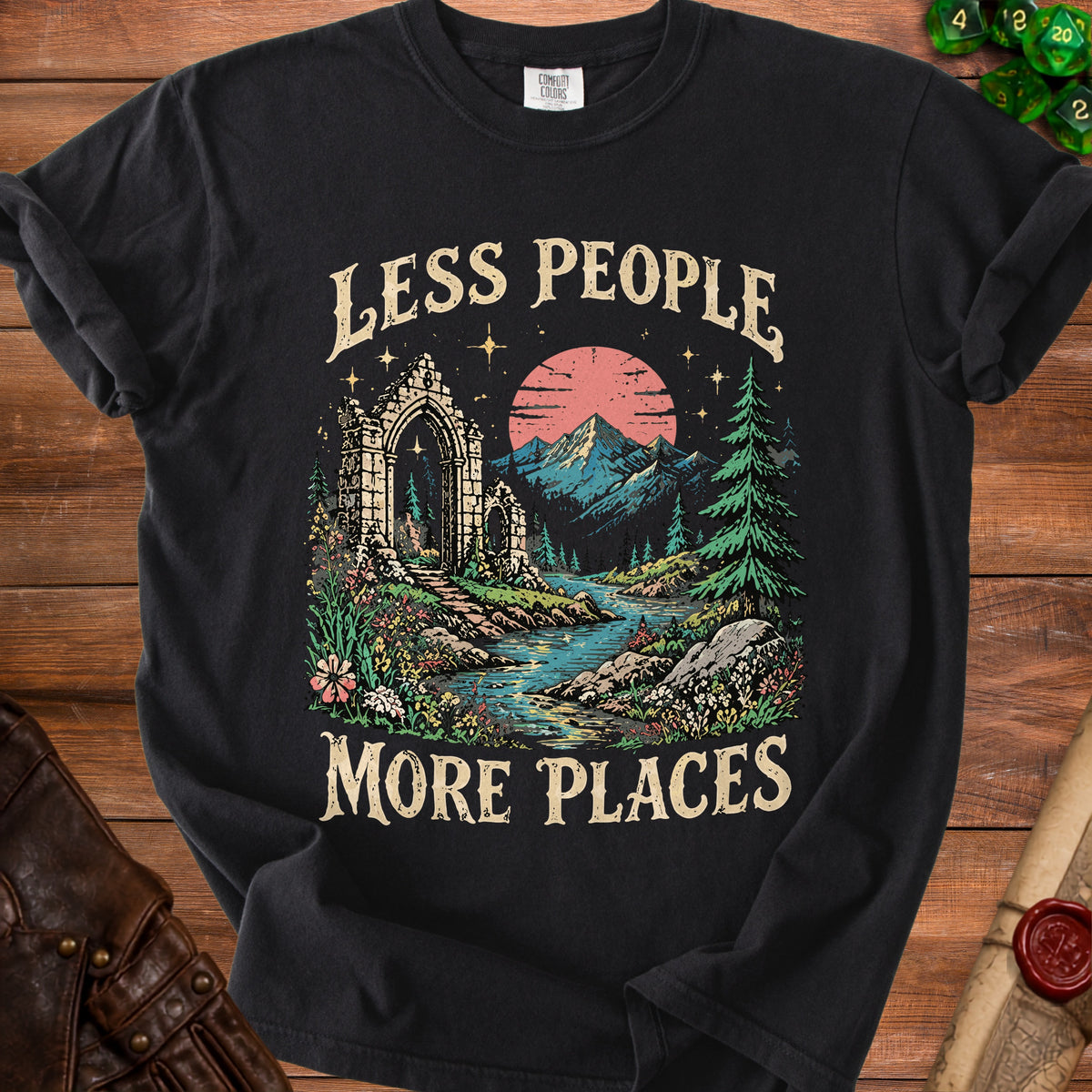 Black t-shirt with "LESS PEOPLE MORE PLACES" text and wilderness graphic.