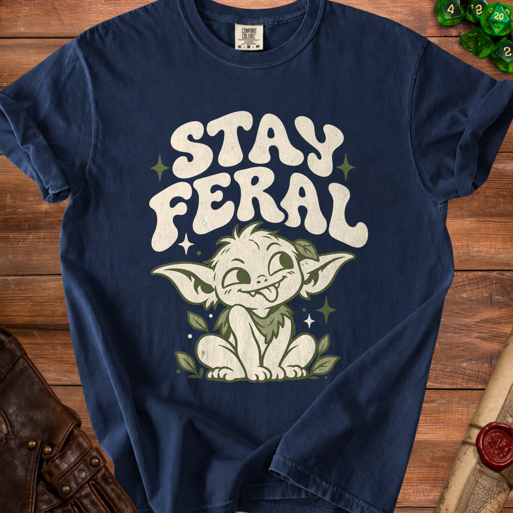 Dark blue t-shirt with "STAY FERAL" and a cartoon creature design.
