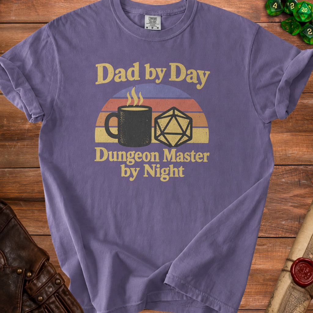 Purple t-shirt with "Dad by Day Dungeon Master by Night" text, coffee cup, and D20 die.