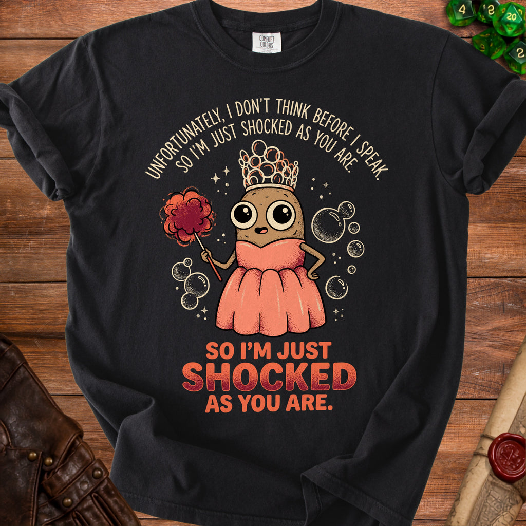 Black t-shirt with cartoon potato in a dress and crown holding a poof.