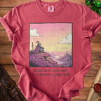 Knight on cliff overlooks castle and river, with text "IDGAF IN A GOOD WAY.. IT'S PEACEFUL OVER HERE".