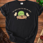Black t-shirt with a frog, ghosts, dice, and text "The party's dead. The vibes are great."